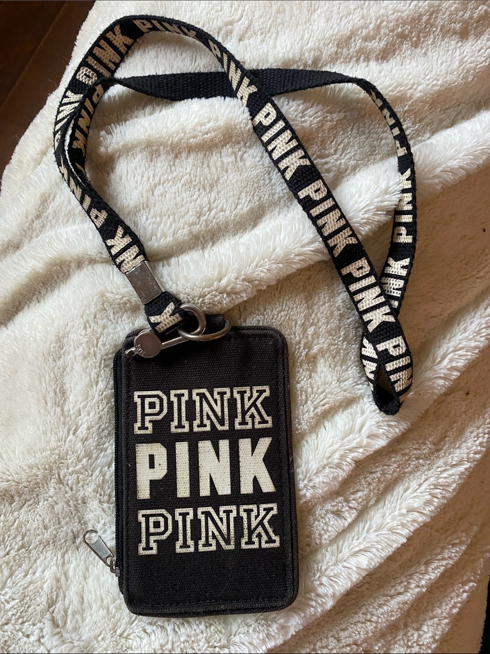 PINK Black Canvas Crossbody Card Wallet with Branded Strap